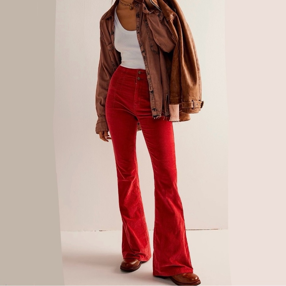 Free People We The Free Red Rust Jayde Cord High Rise Flare Pants, Sz 31